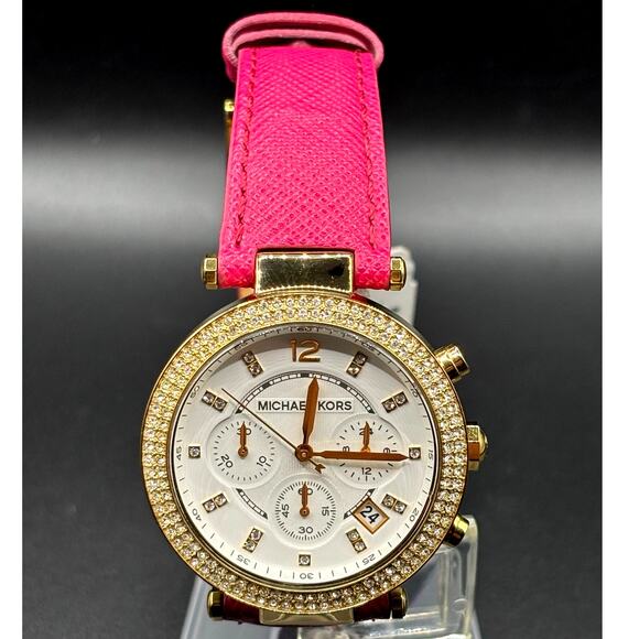 Michael Kors Parker MK2297 Crystal Chronograph Pink Leather Watch NWT main image 6